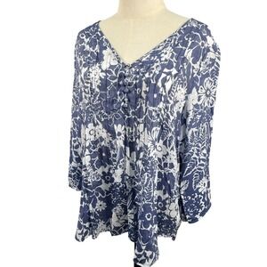 Boho V Neck Blouse L Top Blue White Floral Pintuck Tunic Breezy Peasant Coastal